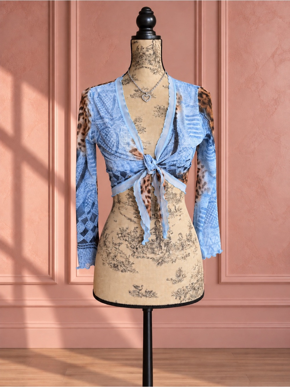 Vintage Joseph Ribkoff Light Blue Tie-Front Printed Top Size 8